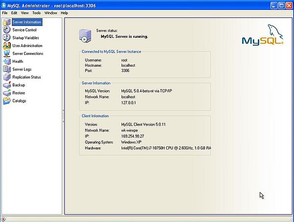 MySQL on Windows XP: MySQL Administrator - Server status