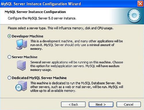 MySQL on Windows XP: Configuration - Choosing the server type