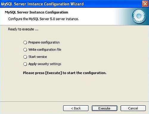 MySQL on Windows XP: Configuration - Executing the server instance configuration