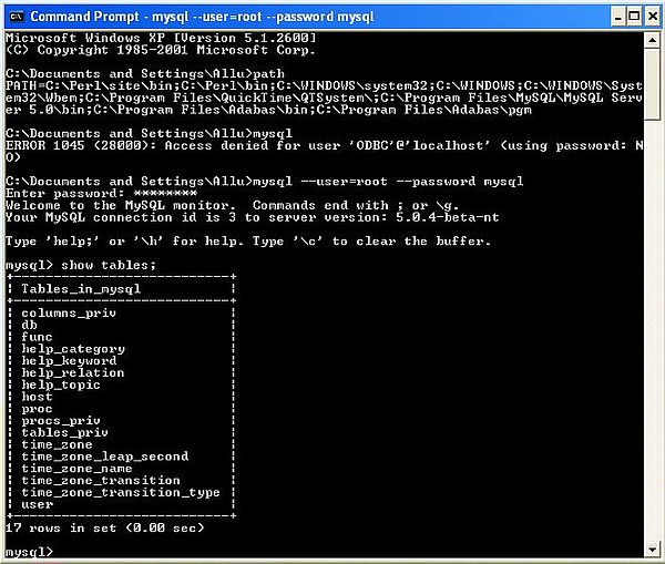 MySQL on Windows XP: Running the 'mysql' client in Command Prompt