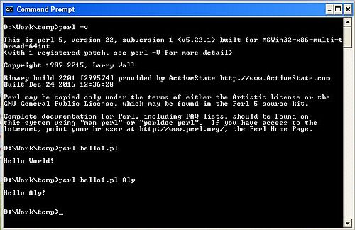 Perl on Windows XP: Simple 'Hello user' script run in Command Prompt