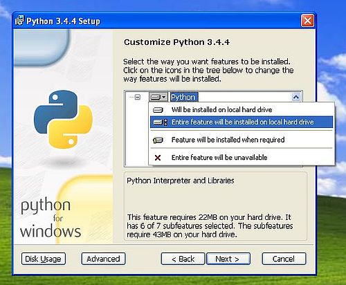 Python on Windows XP: Installing the entire Python 3 feature onto the local hard drive