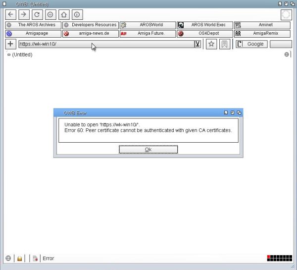 Running AROS One: Connection to local website failure using HTTPS (because of selfsigned certificate)