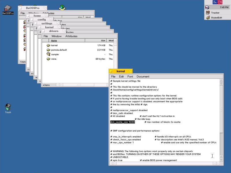 Installing BeOS 5 Professional Edition: Setting the disk cache size in the file 'kernel' in the drivers directory