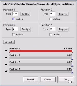 Installing BeOS 5 Professional Edition: Creating a BeOS partition - Partition with BeOS file system and set active