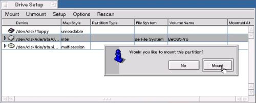 Installing BeOS 5 Professional Edition: Creating a BeOS partition - Choosing to mount the partition