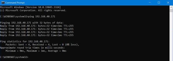 BeOS 5 Professional: Network - Ping of BeOS from a Windows 10 machine