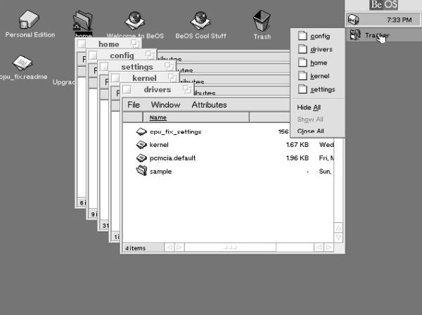 Installation of BeOS 5 Personal Edition: Browsing the folder structure and 'Tracker' feature