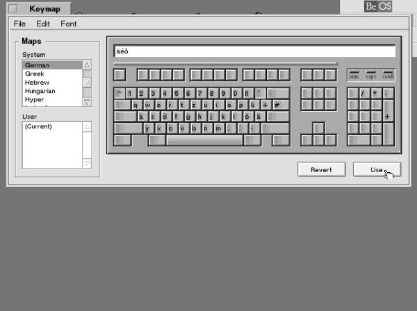 BeOS 5 Personal Edition post-installation setup: Keyboard layout (keymap) selection