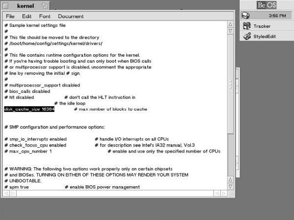 BeOS 5 Personal Edition post-installation setup: Disk cache - Changing the size value in drivers/kernel