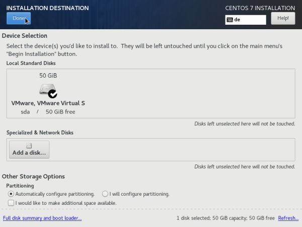 Centos 7 installation: Default partitioning will result in the creation of an LVM disk storage layout