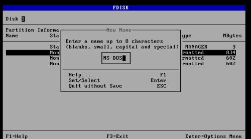 DOS triple boot: Adding the DOS partitions to the boot manager - Setting the name of the first boot menu entry