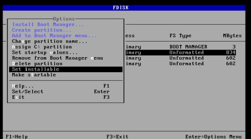 DOS triple boot: Preparing MS-DOS 7.10 installation - Setting the first DOS partition installable