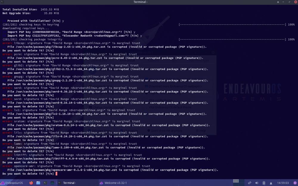 EndeavourOS update failure due to invalid PGP signatures