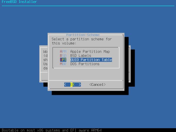 Installing FreeBSD on VMware: Partitioning - Choosing GPT as partition scheme
