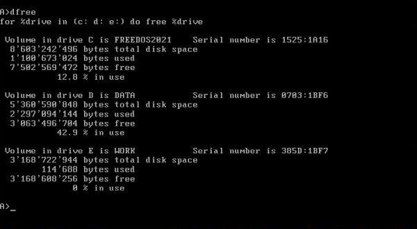 4DOS on FreeDOS: Batch file examples - Partitions space usage