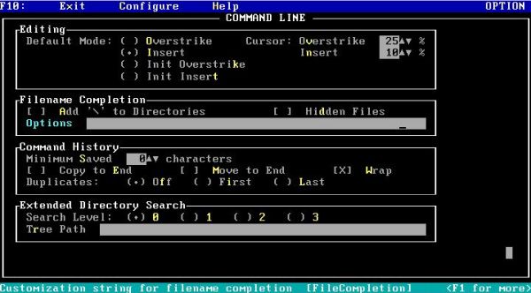 4DOS on FreeDOS: Configuration utility - Edit screen