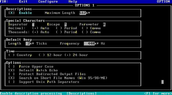 4DOS on FreeDOS: Configuration utility - Options I screen