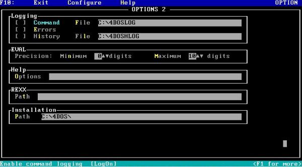 4DOS on FreeDOS: Configuration utility - Options II screen