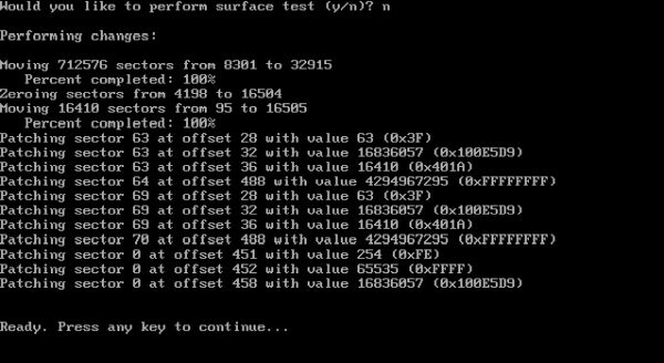 FreeDOS repartitioning: PResizer - program output during partition expansion