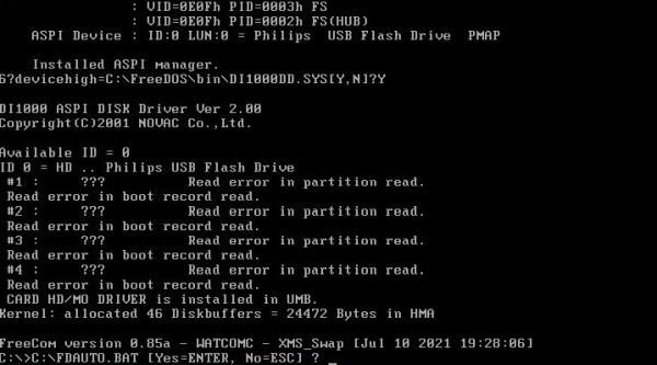 USB 2.0 support on FreeDOS: Loading the Motto Hairu ASPI driver (errors because of exFAT file system)