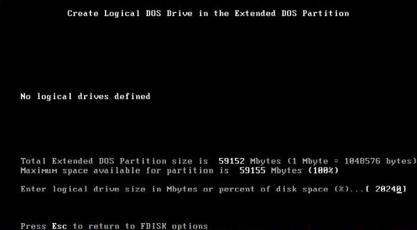 USB 2.0 support on FreeDOS: fdisk - Creating a logical drive on a 64 GB flash drive