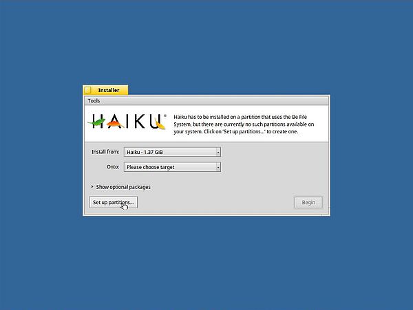 Installing Haiku: Launching the disk partioning tool