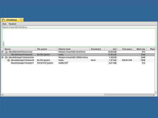 Installing Haiku: Harddisk partition layout after having created a Be file system partition