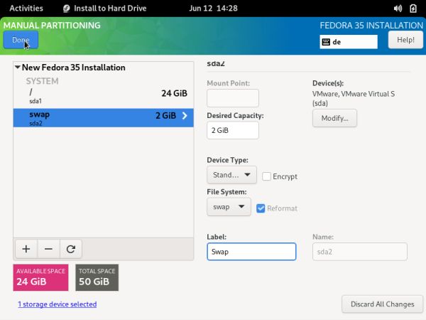 Fedora installation: Partitioning - Configuring the swap partition