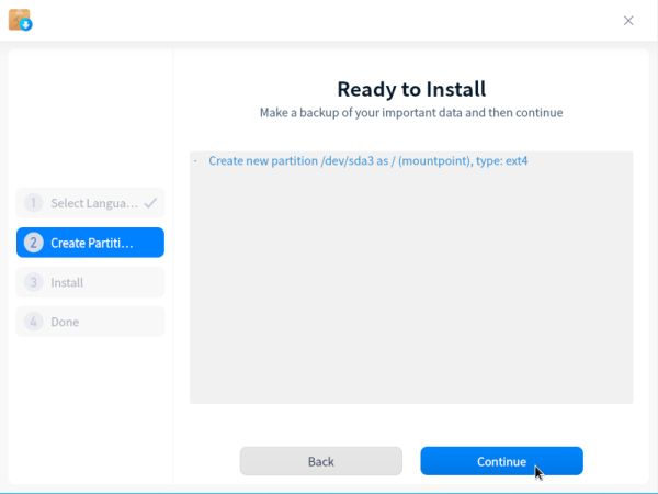 Deepin installation: Partitioning - Starting the installation with creation of the root partition