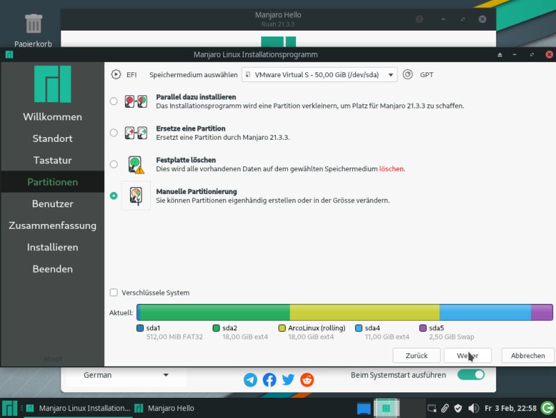 ArcoLinux and Manjaro dual boot installation: Manjaro - Choosing to perform manual partitioning