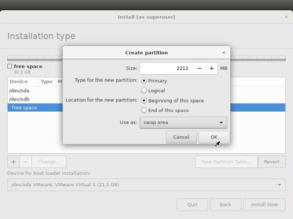 Linux triple boot: Bodhi Linux installation - Creating a swap partition on the second harddisk [2]