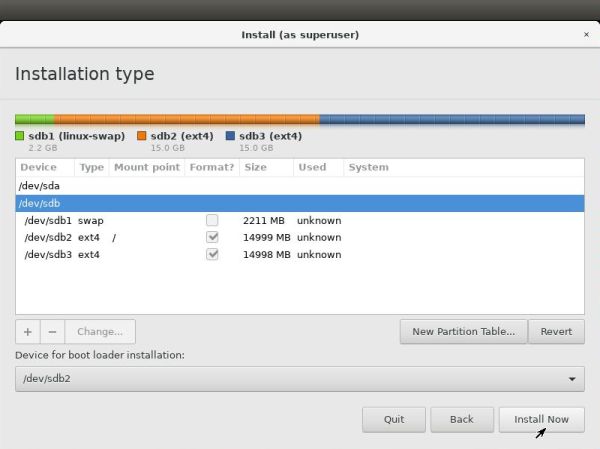 Linux triple boot: Bodhi Linux installation - Partition layout of the second hardisk, with GRUB on /dev/sdb2