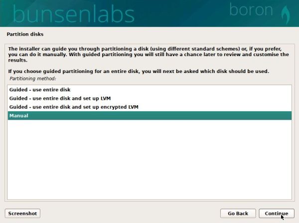 Linux triple boot: BunsenLabs Boron installation - Choosing to perform a maunal partitioning