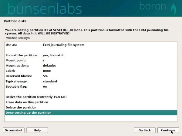 Linux triple boot: BunsenLabs Boron installation - Configuring the BunsenLabs root partition [2]