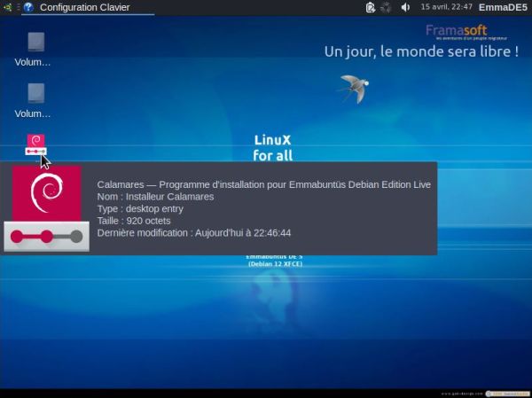 Linux triple boot: Emmabuntüs installation - Launching the Calamares installer from the desktop