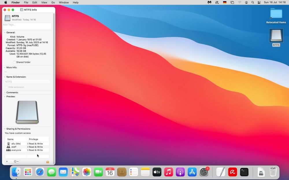 NTFS drives on macOS: Properties of an NTFS drive mounted with ntfs-3g