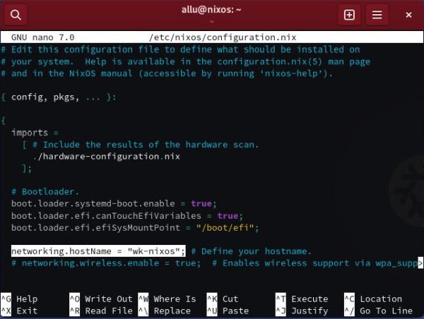 Changing the NixOS hostname in configuration.nix