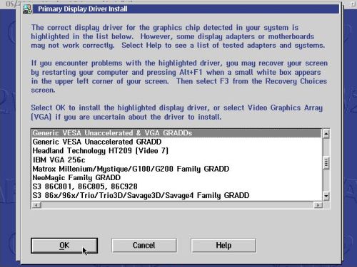 OS/2 Warp 4 installation: Selecting the primary display driver
