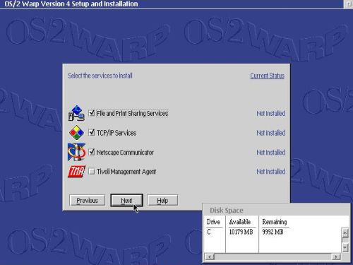 OS/2 Warp 4 installation: Client component - Services selection