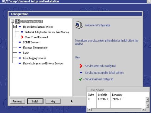 OS/2 Warp 4 installation: Client component - Services default settings