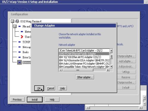 OS/2 Warp 4 installation: Network adapter - Selecting the AMD PCNet Ethernet Family Adapter