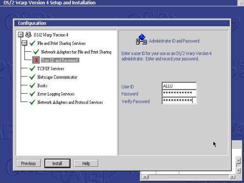 OS/2 Warp 4 installation: File and printer sharing - User name and password