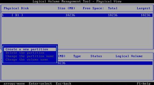 OS/2 Warp 4 installation: Partitioning - Physical volumes management: Choosing to create a new partition