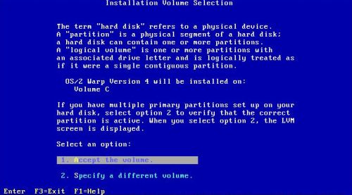 OS/2 Warp 4 installation: Accepting the C: drive as installation volume