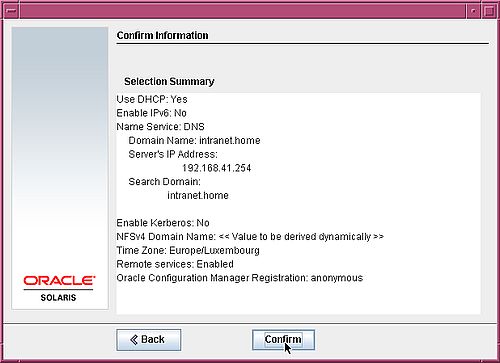 Installing Solaris 10: Confirming configuration settings