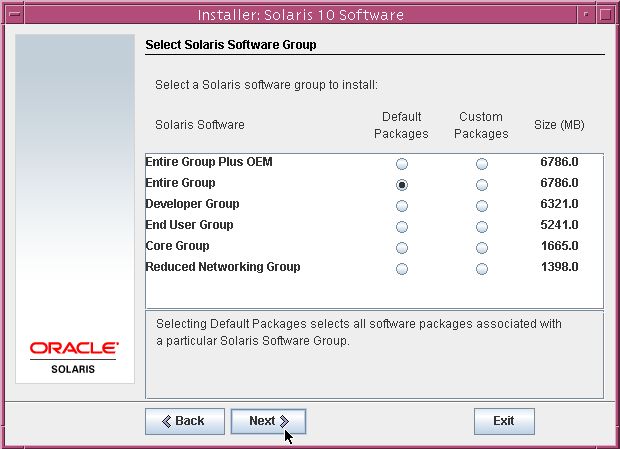 Installing Solaris 10: Selecting the entire software group for installation