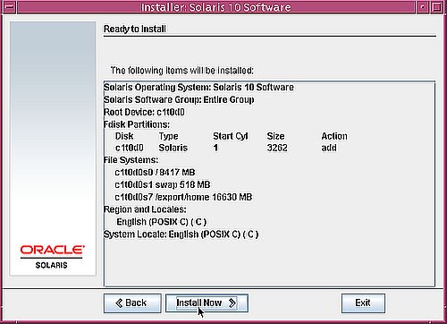 Installing Solaris 10: Ready to install - Installation summary