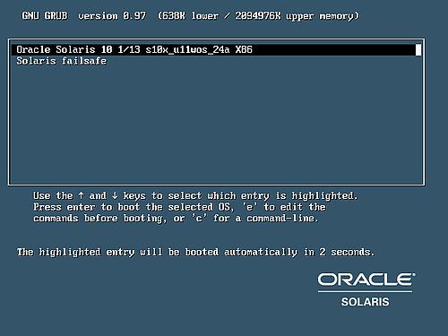 Installing Solaris 10: Boot menu (after installation is finished)