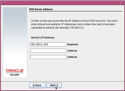 Installing Solaris 10: Network setup - DNS server IP address